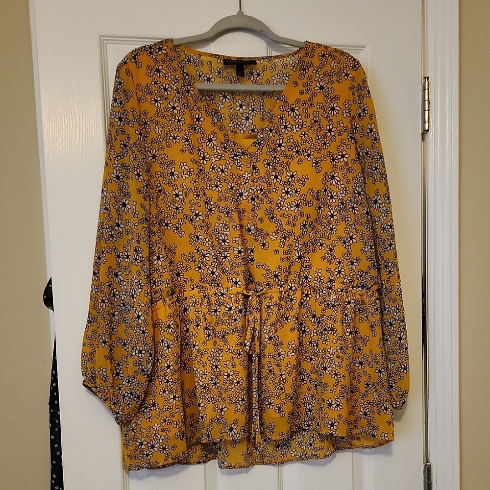 Lane Bryant Yellow Floral Tie-Waist Peplum Tunic
